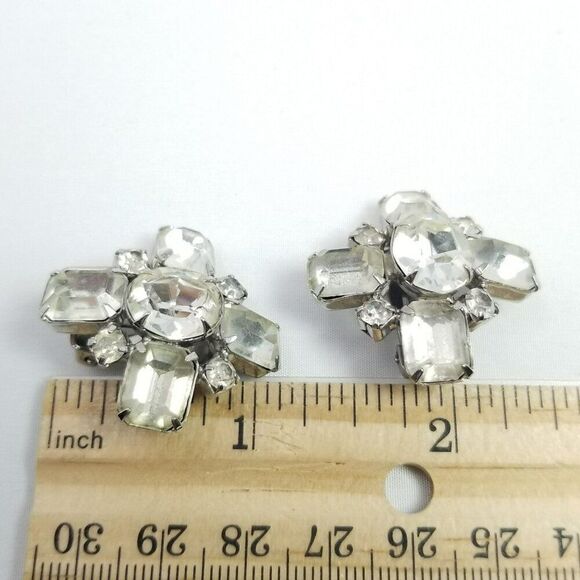 Vintage Rhinestone Cluster Clip On Earrings, Silver Tone Prong Set Mixed Shapes - Picture 4 of 6